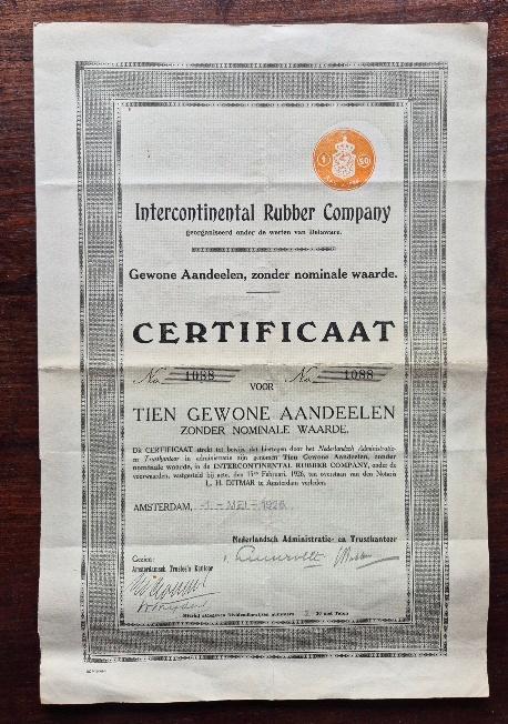 Intercontinental Rubber Company certificaat 10 aandelen 1926, Postzegels en Munten, Aandelen en Waardepapieren, Ophalen, 1920 tot 1950