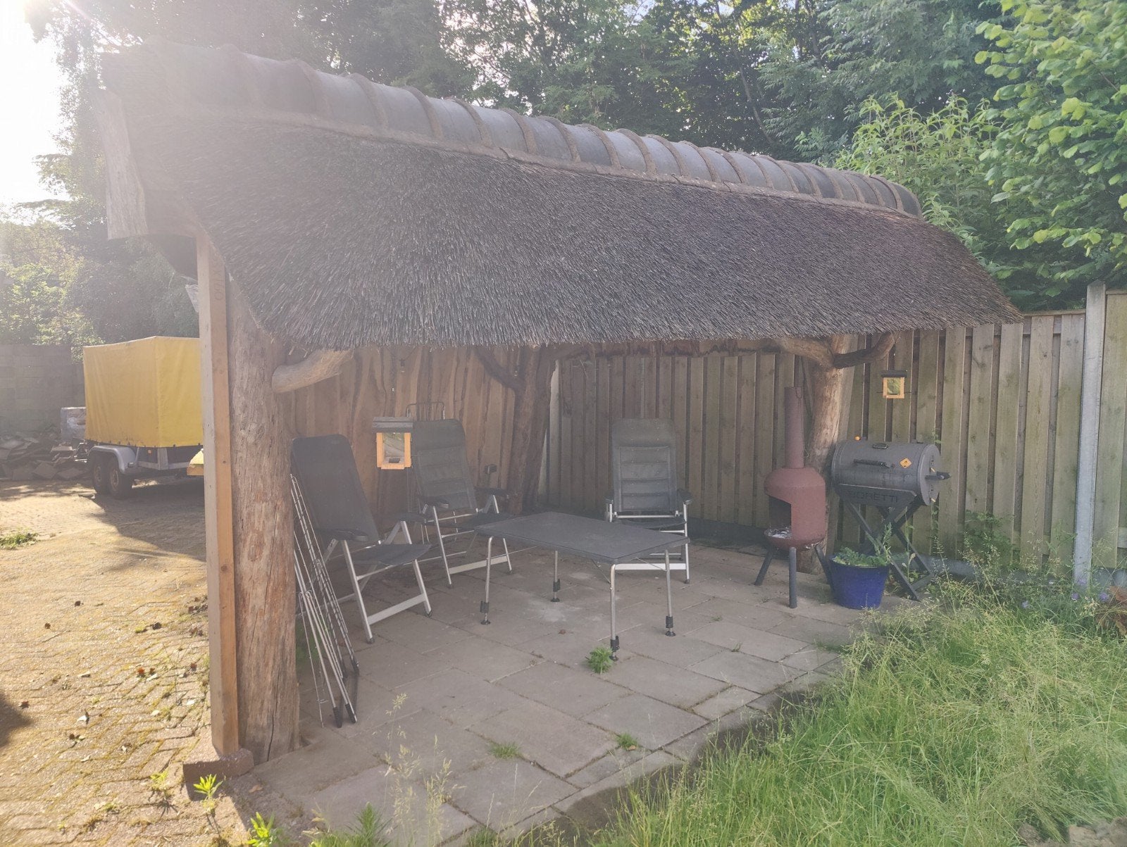 Mooie houten overkapping met rieten dak en pannendak, Ophalen, Gebruikt, Overige typen