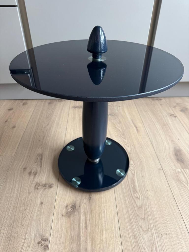 Leolux Zyga blauw glazen design  bijzettafeltje., Minder dan 55 cm, Rond, Leolux, Zyga, Hugo de Ruiter. Design, Bijzettafel., Ophalen