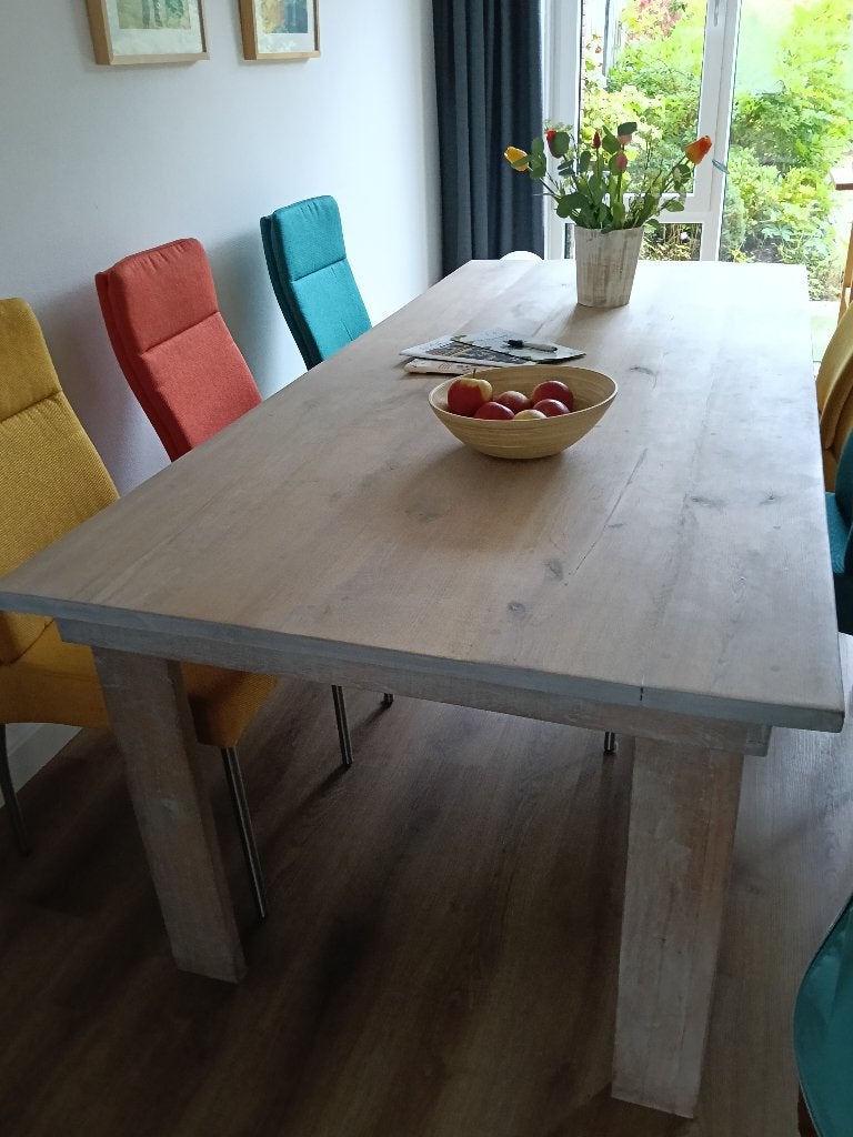 Eettafel hout 2.20 m lang, Ophalen, Gebruikt, Eikenhout, 200 cm of meer