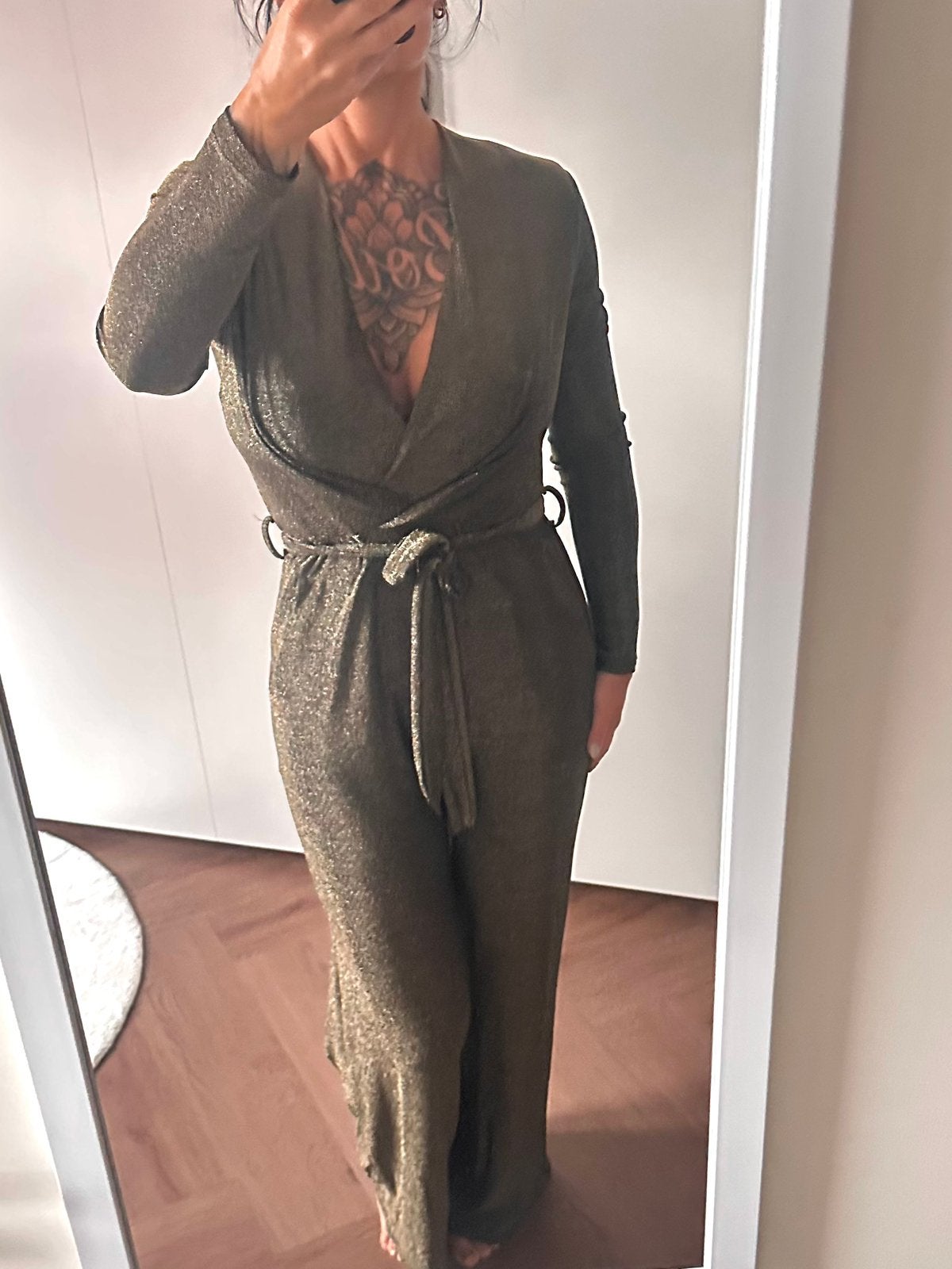 Jumpsuit goud glitter stretch - maat 36/38/40, Verzenden, Zo goed als nieuw, Maat 38/40 (M), Overige kleuren