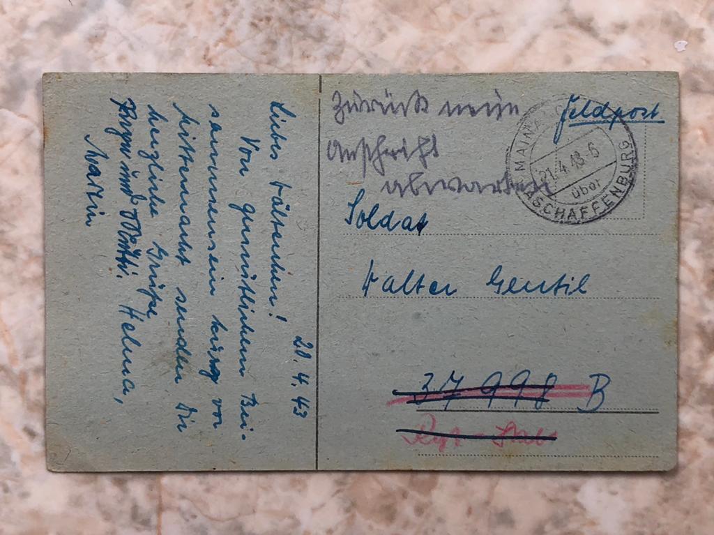 Duitse veldpost, gestempeld Mainaschaff 21.4.43., Verzamelen, Militaria | Tweede Wereldoorlog, Verzenden, Landmacht, Duitsland