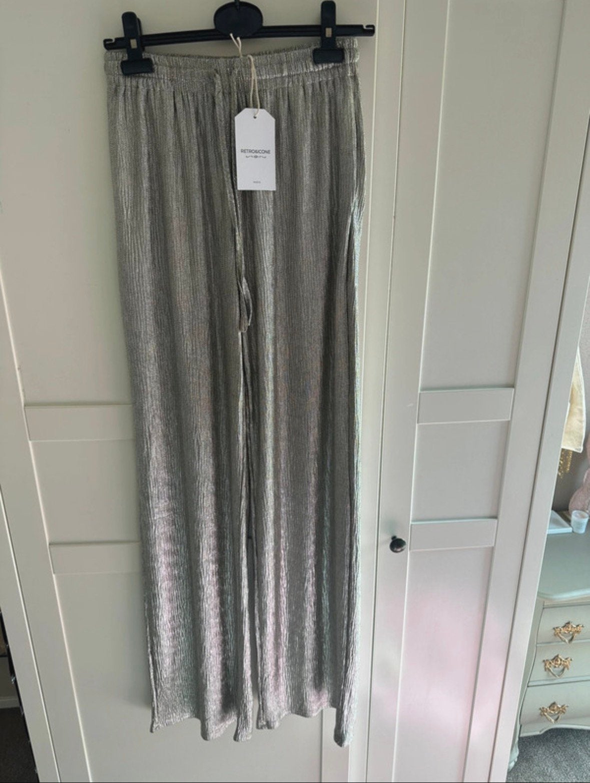 Zilveren glitter broek maat L - Retro & Icone, Maat 42/44 (L), Nieuw, Ophalen of Verzenden, Lang