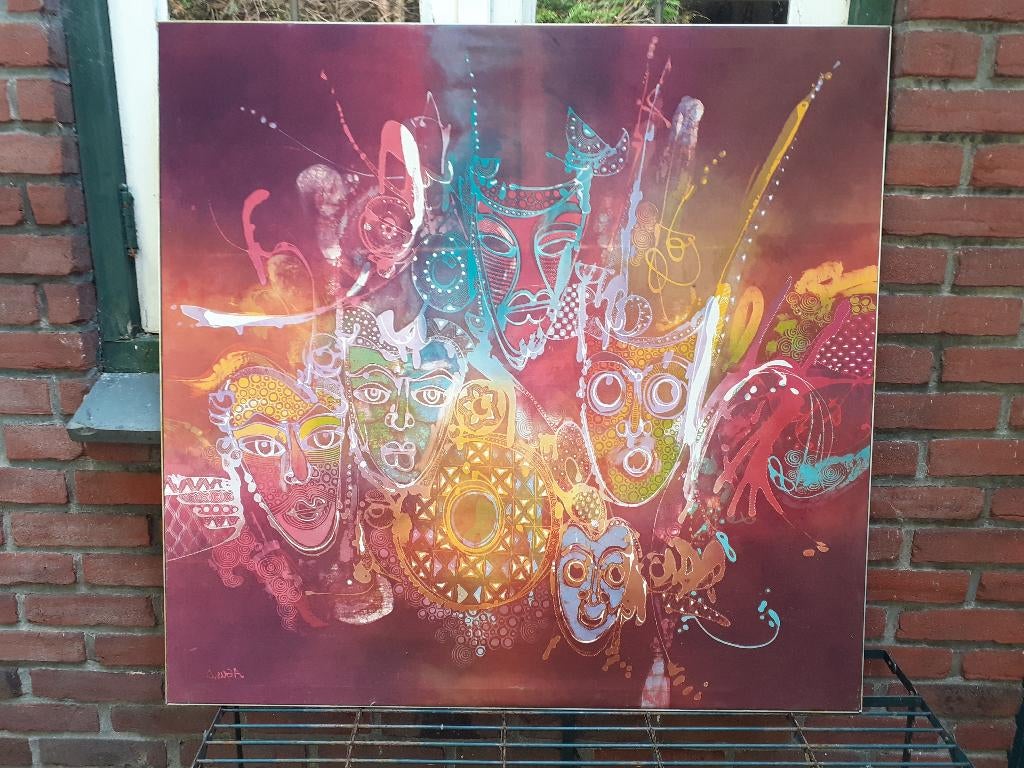 Indonesië Zeer groot Batik Schilderij "Maskers", Antiek en Kunst, Kunst | Schilderijen | Klassiek, Ophalen of Verzenden