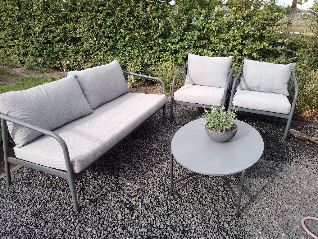 Loungeset bank, tafel en fauteuils antraciet, Tuin en Terras, Ophalen, 5 zitplaatsen, Aluminium, Loungeset