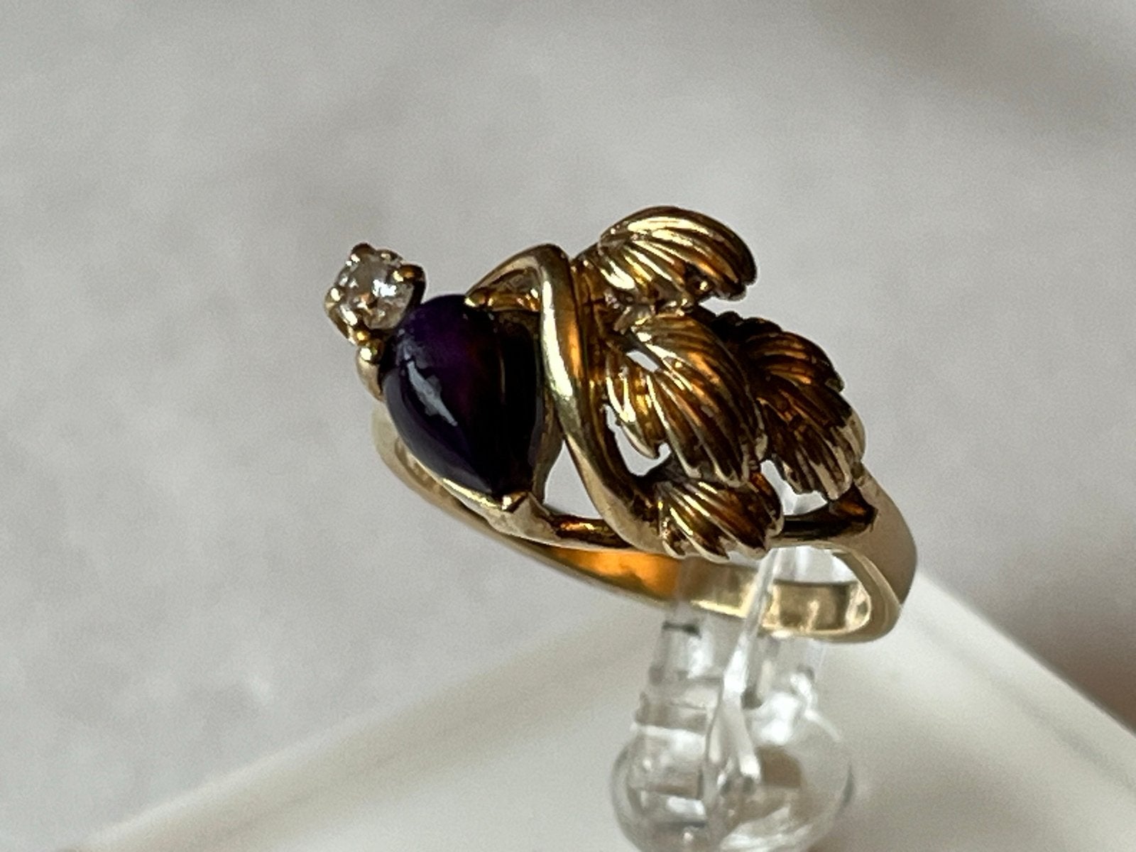 Florale 14K Gouden Ring met Amethist en Diamant, Maat 16.5, Verzenden, Met edelsteen, Dame, Goud