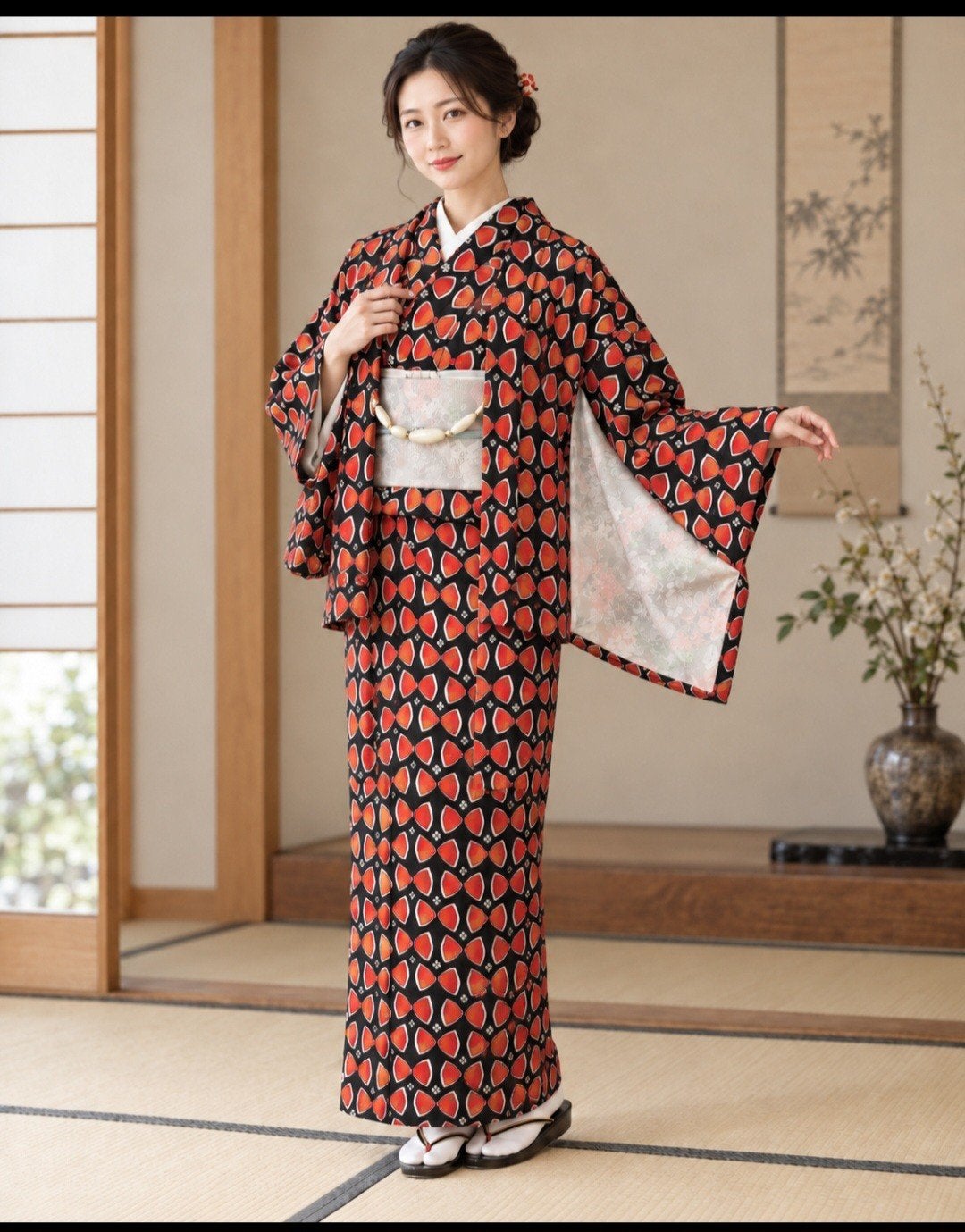 Zeer vintage Japanse kimono set met haori – zwart rood – ori, Antiek en Kunst, Ophalen of Verzenden
