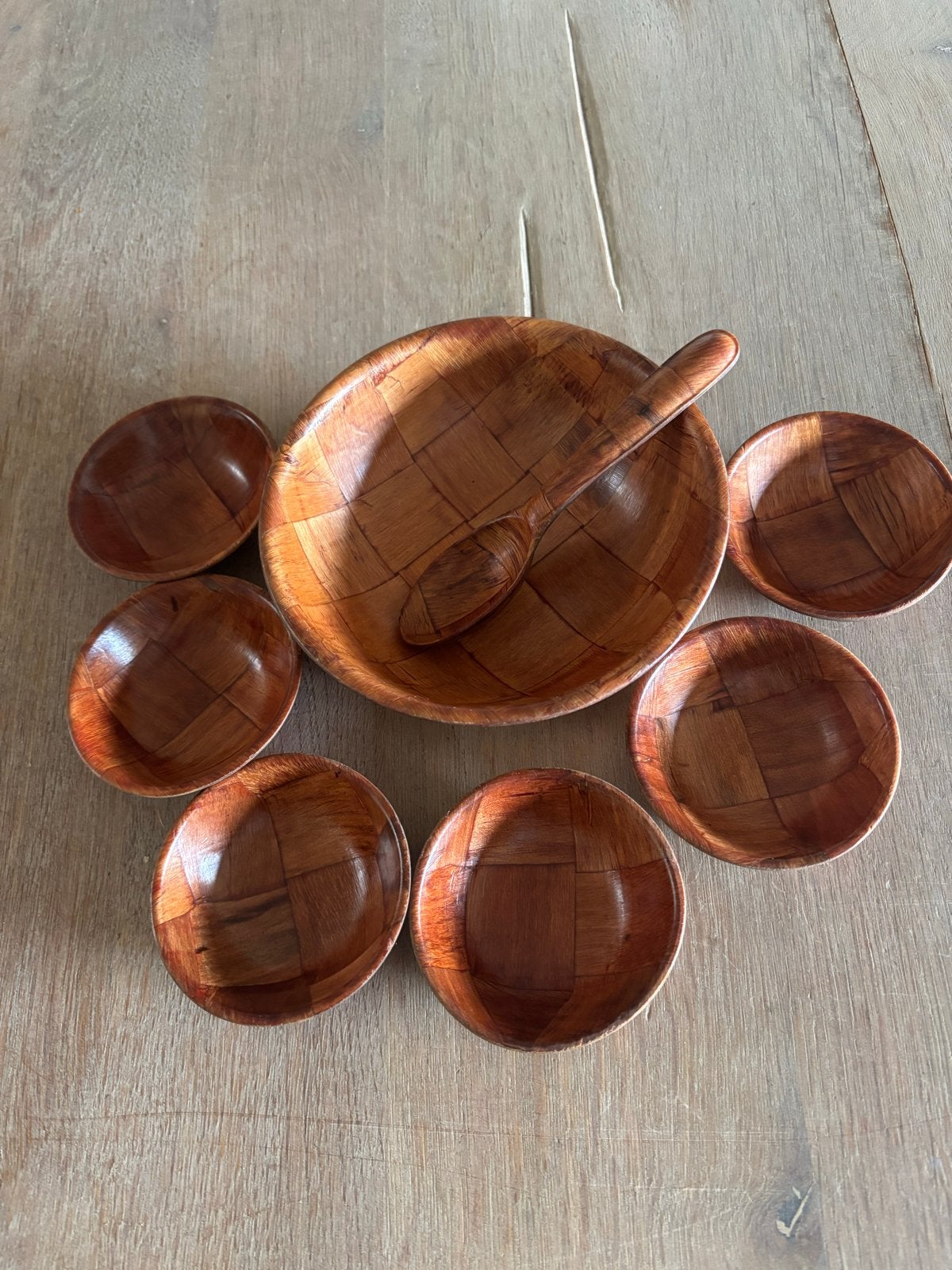 Vintage Pinda Set - Gevlochten Houten Schalen Seventies, Overige materialen, Gebruikt, Ophalen of Verzenden, Schaal of Schalen