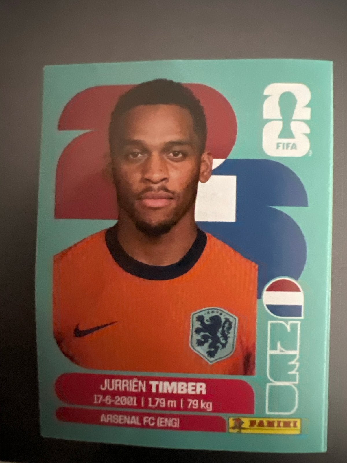 Jurriën Timber Panini wk 2026 Voetbalplaatje, Verzenden, Zo goed als nieuw, Buitenlandse clubs, Poster, Plaatje of Sticker