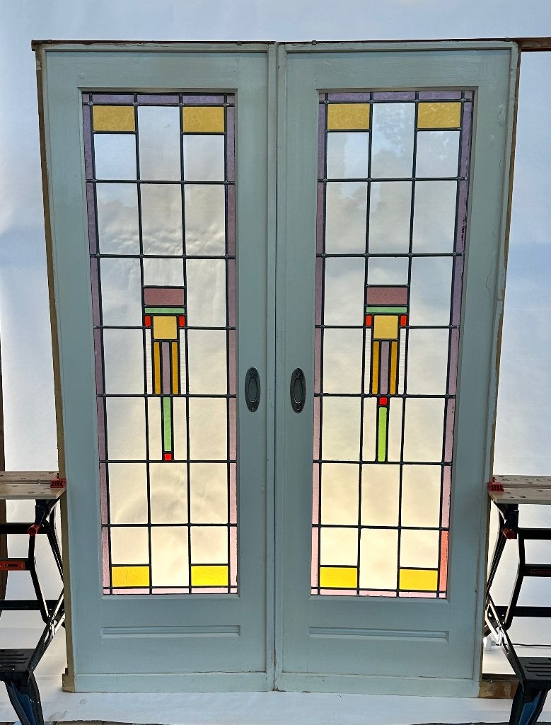 214x72 set ensuite schuifdeuren met glas in lood jaren 30, Doe-het-zelf en Verbouw, Deuren en Horren, Ophalen, Gebruikt, Minder dan 80 cm