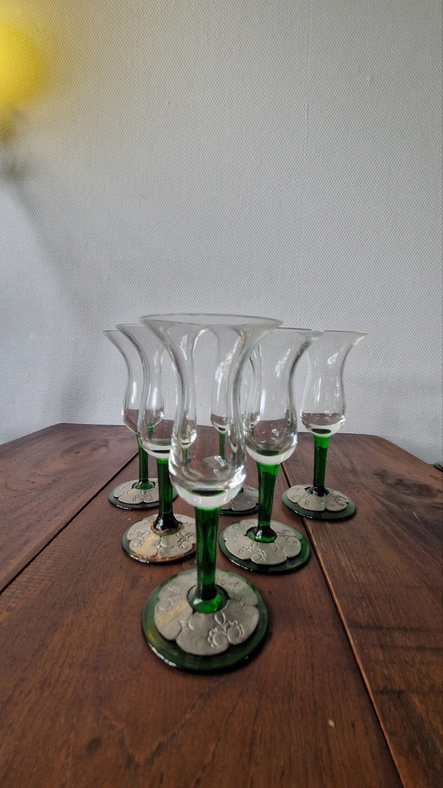 Set van 6 Leerdam jeneverglazen met gerotinnen voet, Antiek en Kunst, Antiek | Glas en Kristal, Ophalen of Verzenden