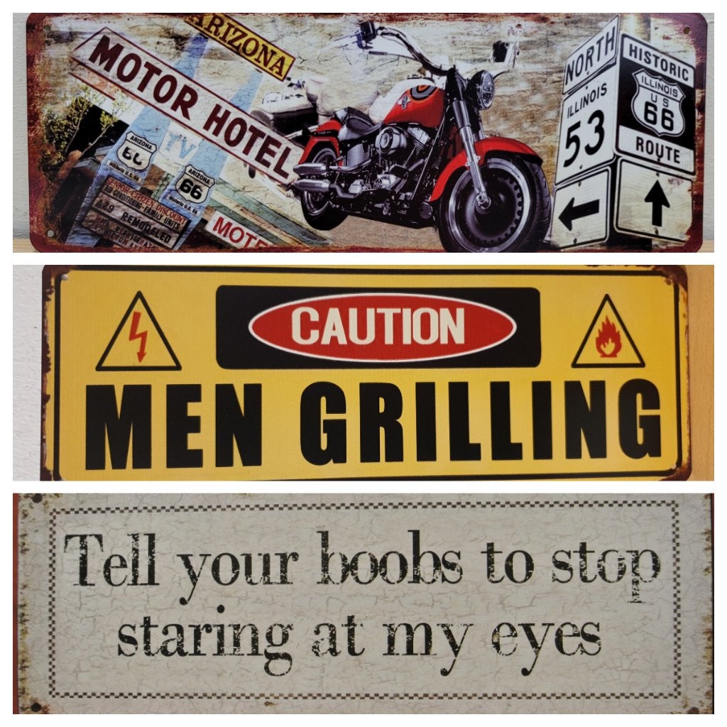 Caution men grilling bbq reclamebord van metaal wandbord, Info@deconoord.nl, Deco Noord, Nieuw, Ophalen of Verzenden