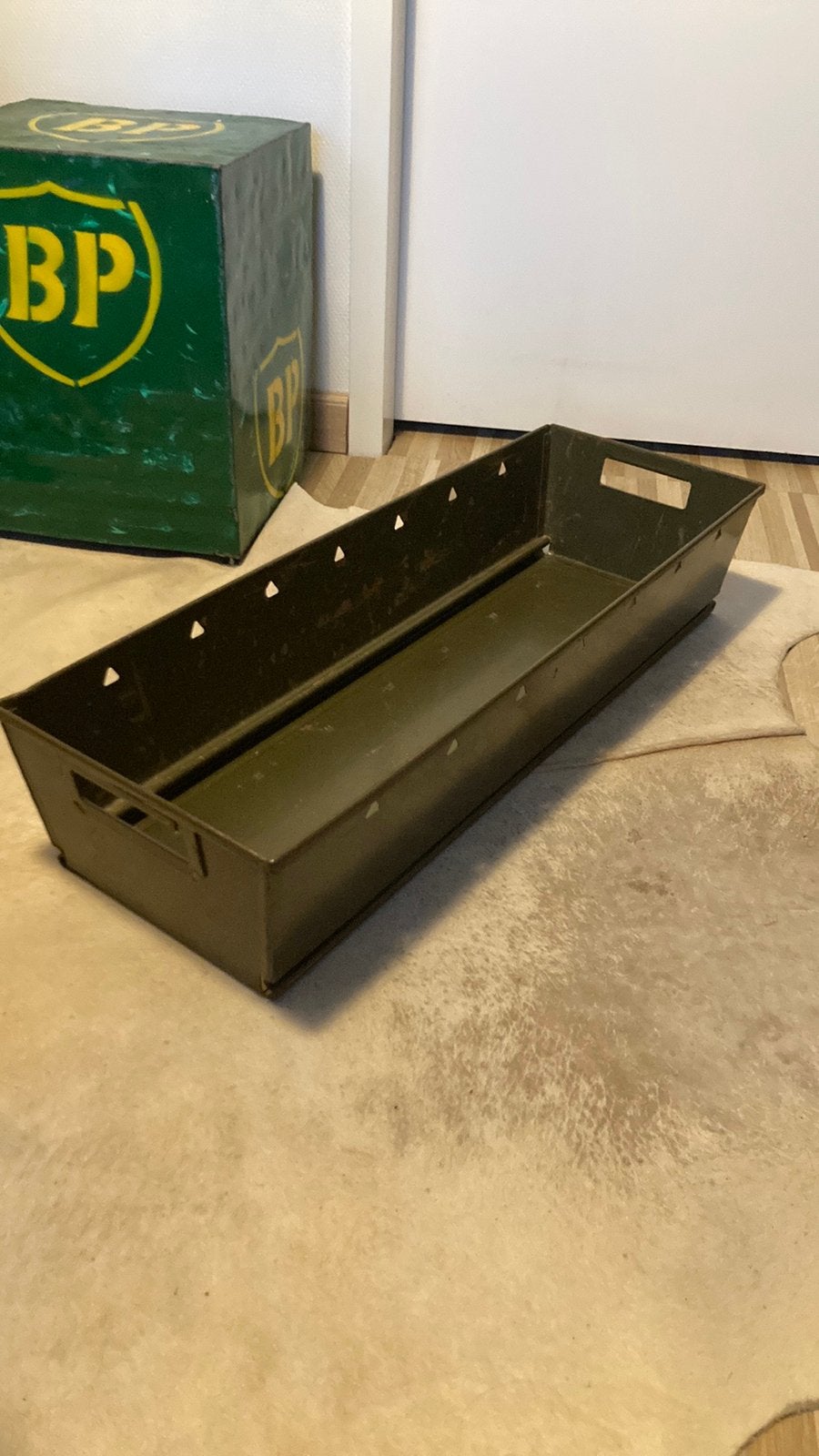 Vintage metalen archief bak of lade bloembak, Ophalen, Gebruikt, 50 tot 100 cm, Metaal