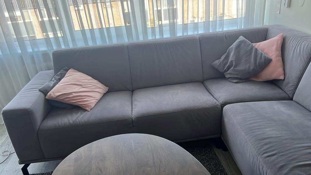 Grijze hoekbank met chaise longue, Ophalen of Verzenden, Gebruikt, Stof, Modern