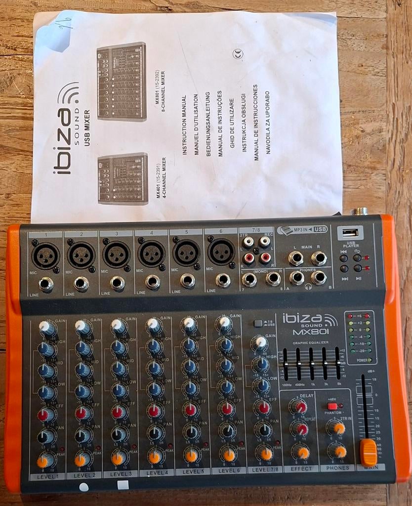 Ibiza Sound MX801 USB Mixer - 8-kanaals mengpaneel, Ophalen of Verzenden, Zo goed als nieuw, 5 tot 10 kanalen, Microfooningang