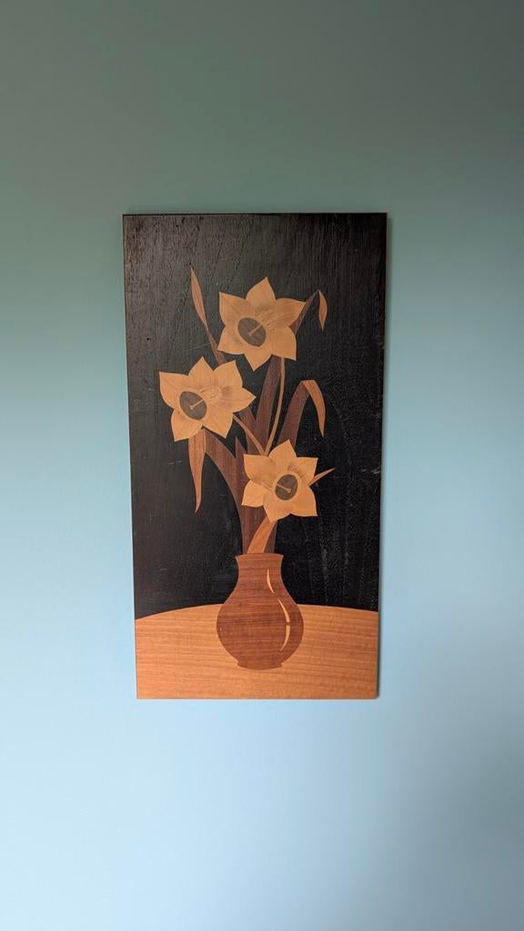 Vintage Houten Inlegwerk Schilderij - Bloemen in Vaas, Antiek en Kunst, Kunst | Schilderijen | Klassiek, Ophalen of Verzenden