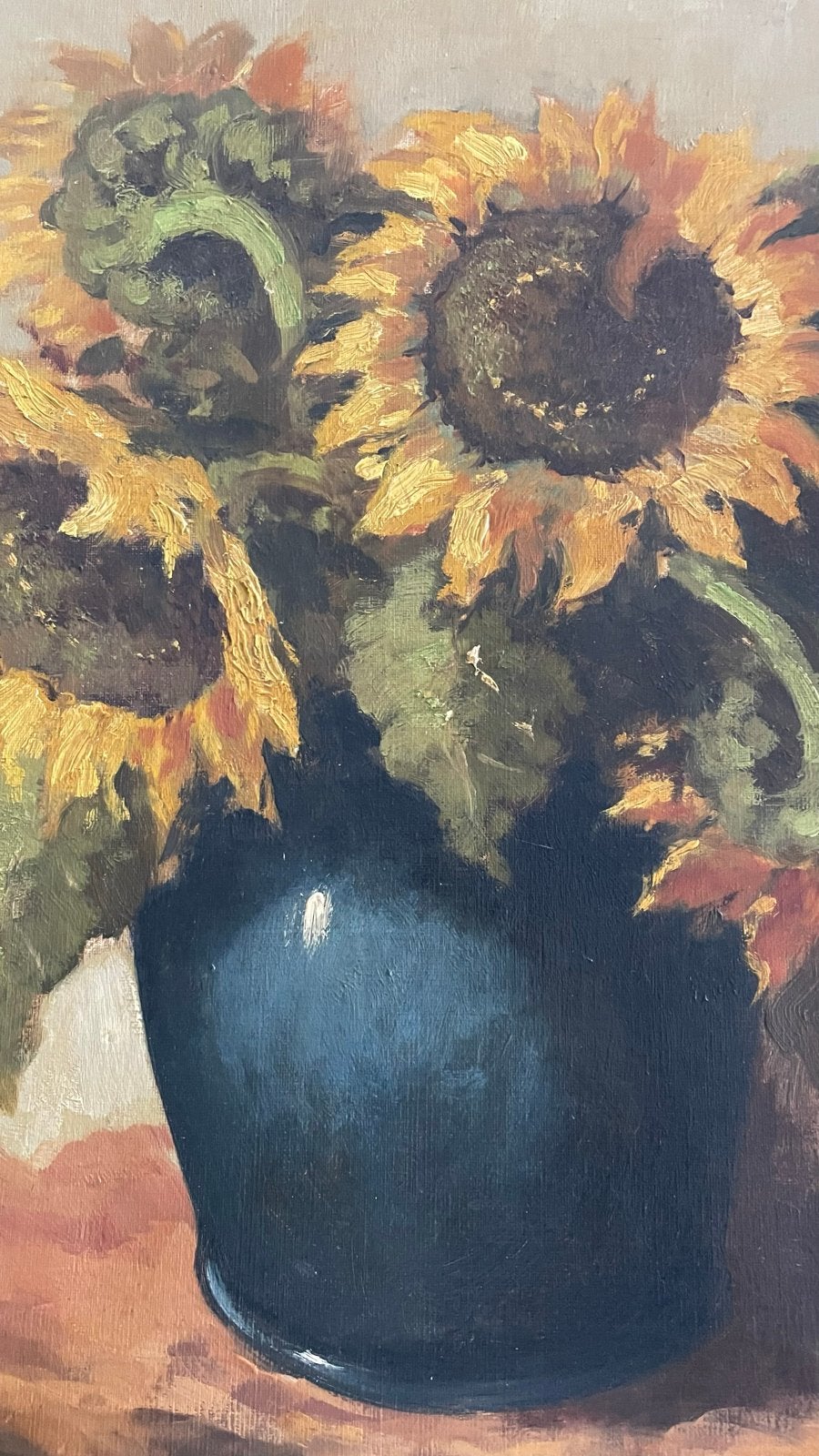 Olieverfschilderij Zonnebloemen in Vaas - Klassieke Kunst, Ophalen of Verzenden