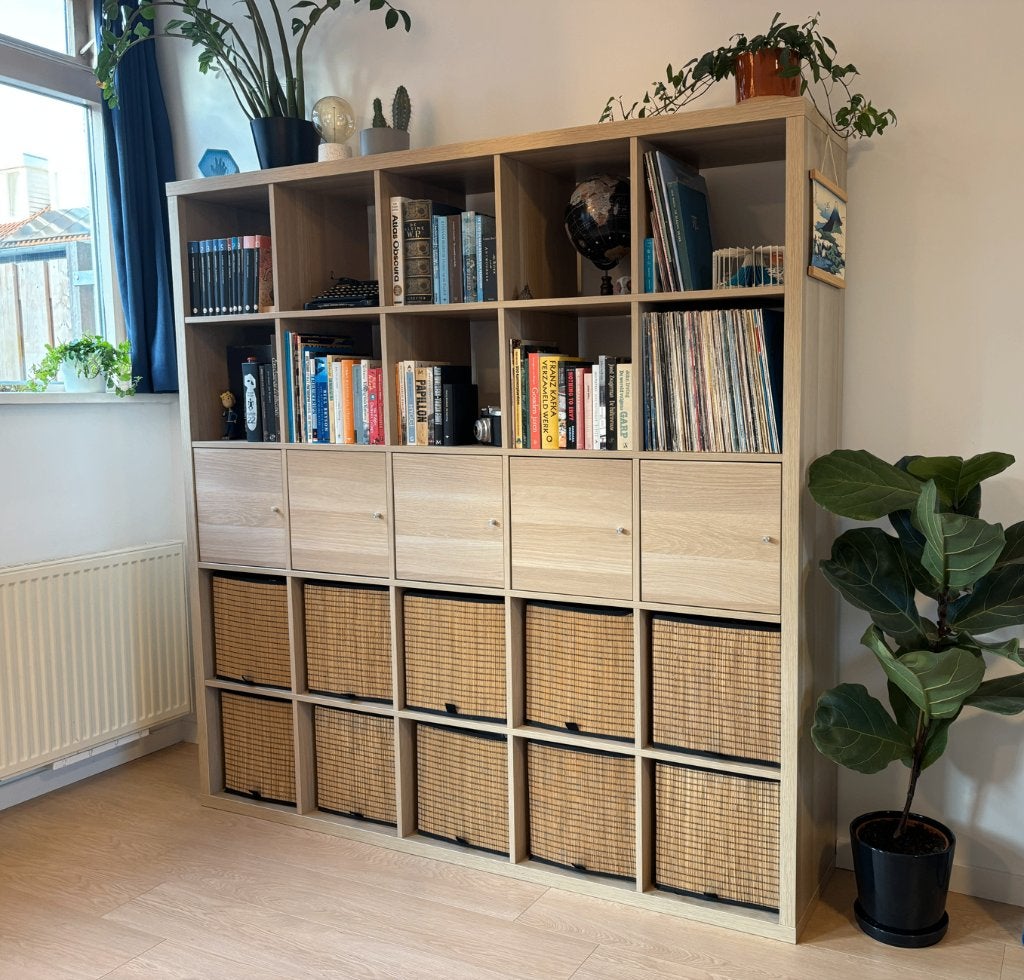 IKEA Kallax 5x5 Eikeneffect + 5x inzetten + 10x Gnabbas mand, Huis en Inrichting, Ophalen, Met lade(s), 150 tot 200 cm, Eikenhout