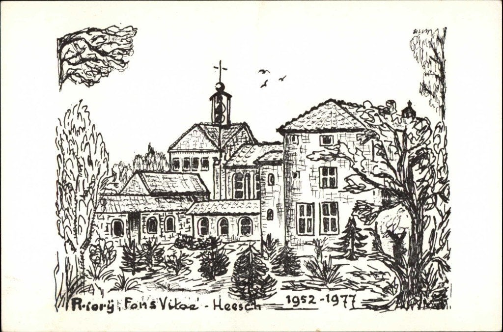 Heesch Priorij fons Vitoe 1952 - 1977. -pentekening-, Verzamelen, Ansichtkaarten | Nederland, Ophalen, 1960 tot 1980, Ongelopen