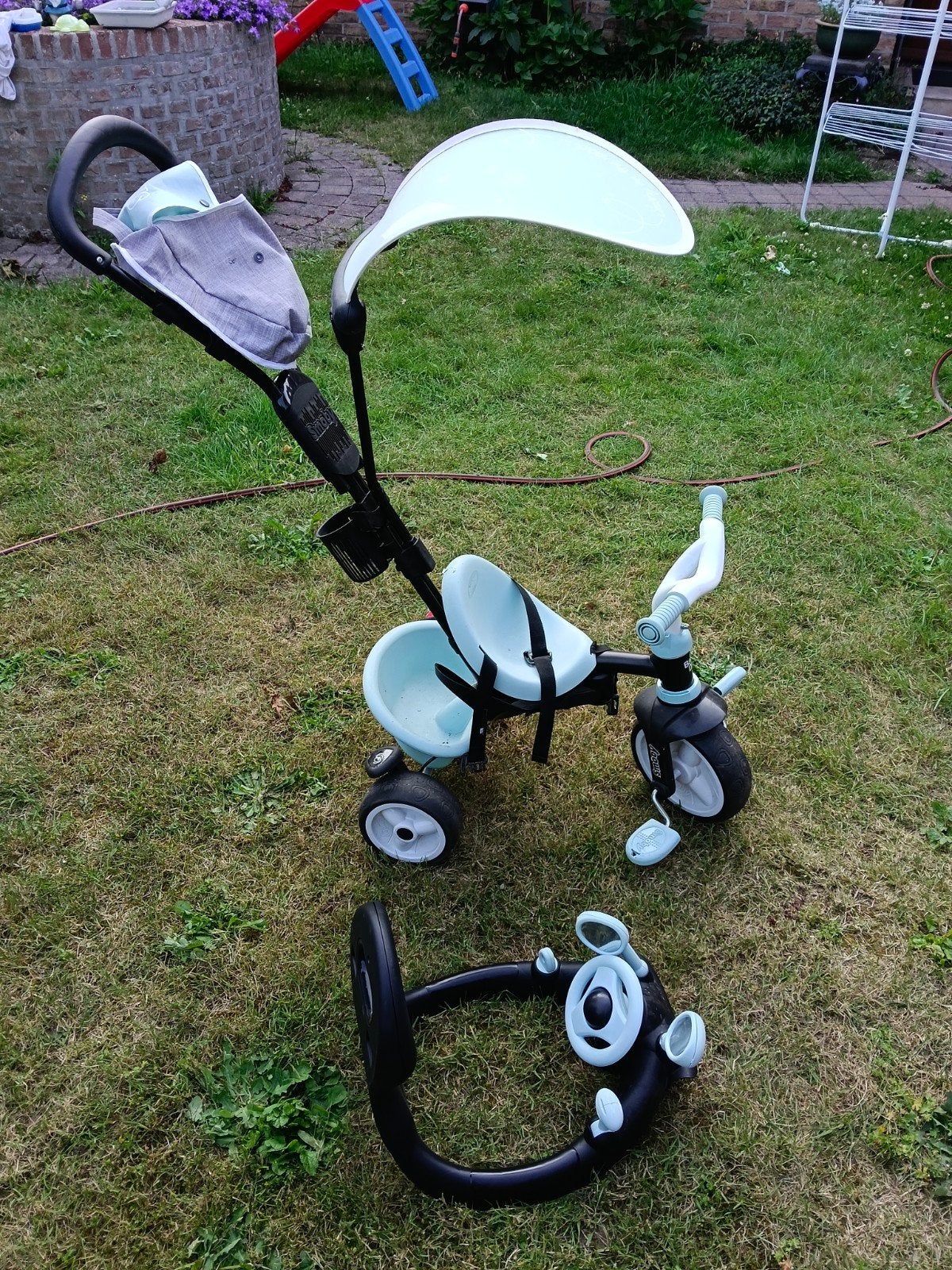 Smoby driewieler met duwstang en zonnekap, Ophalen, Terugtraprem, Smoby, Verstelbare zitting