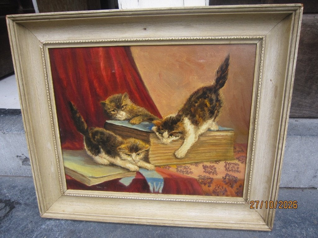 Leuk schilderij, met 3 spelende Poesjes in lijst gesigneerd, Antiek en Kunst, Ophalen, Doek, Expressionistisch, Dieren