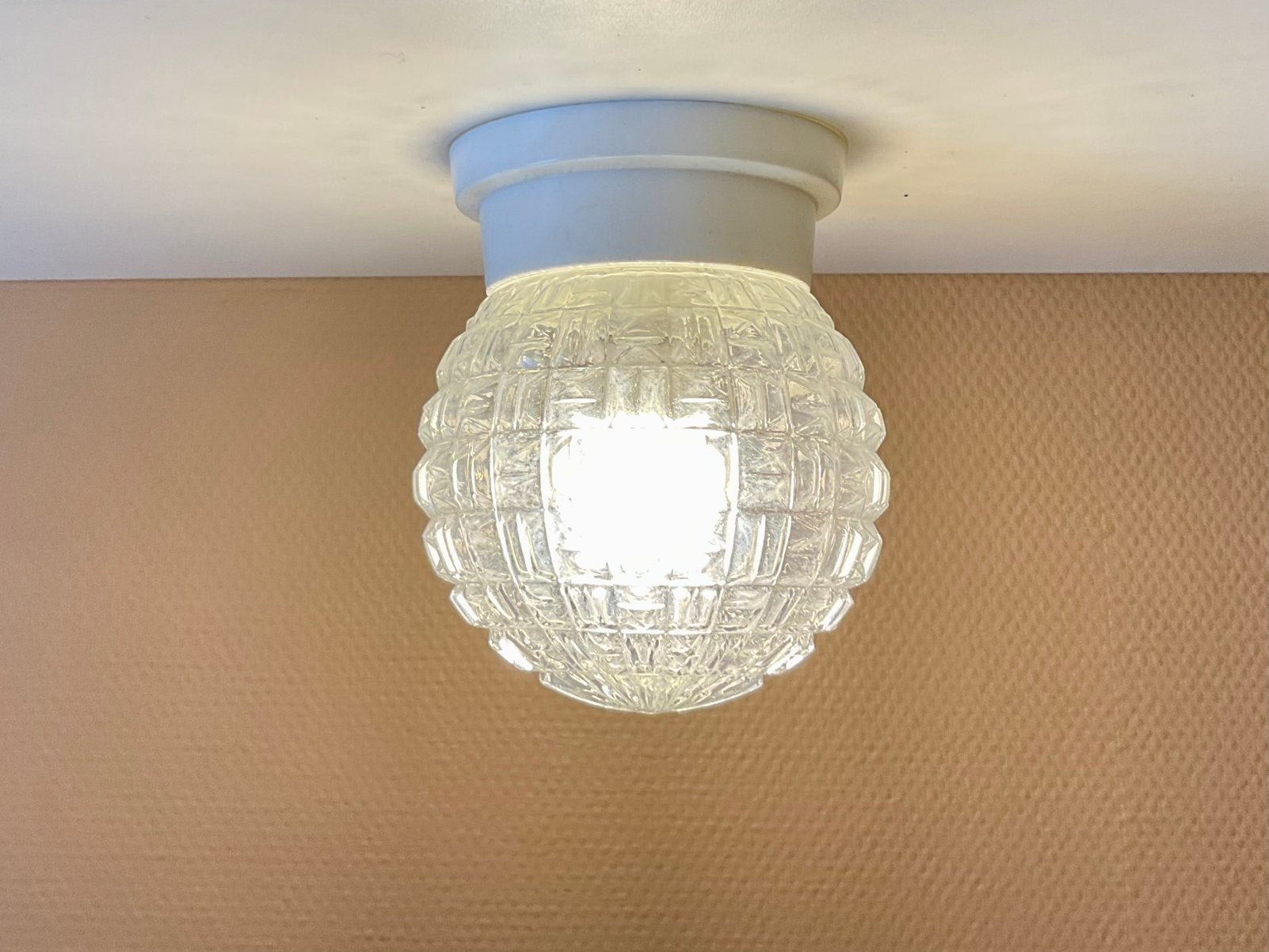 Prachtige vintage helder bewerkt glas plafondlamp, Ophalen of Verzenden, Zo goed als nieuw, Glas