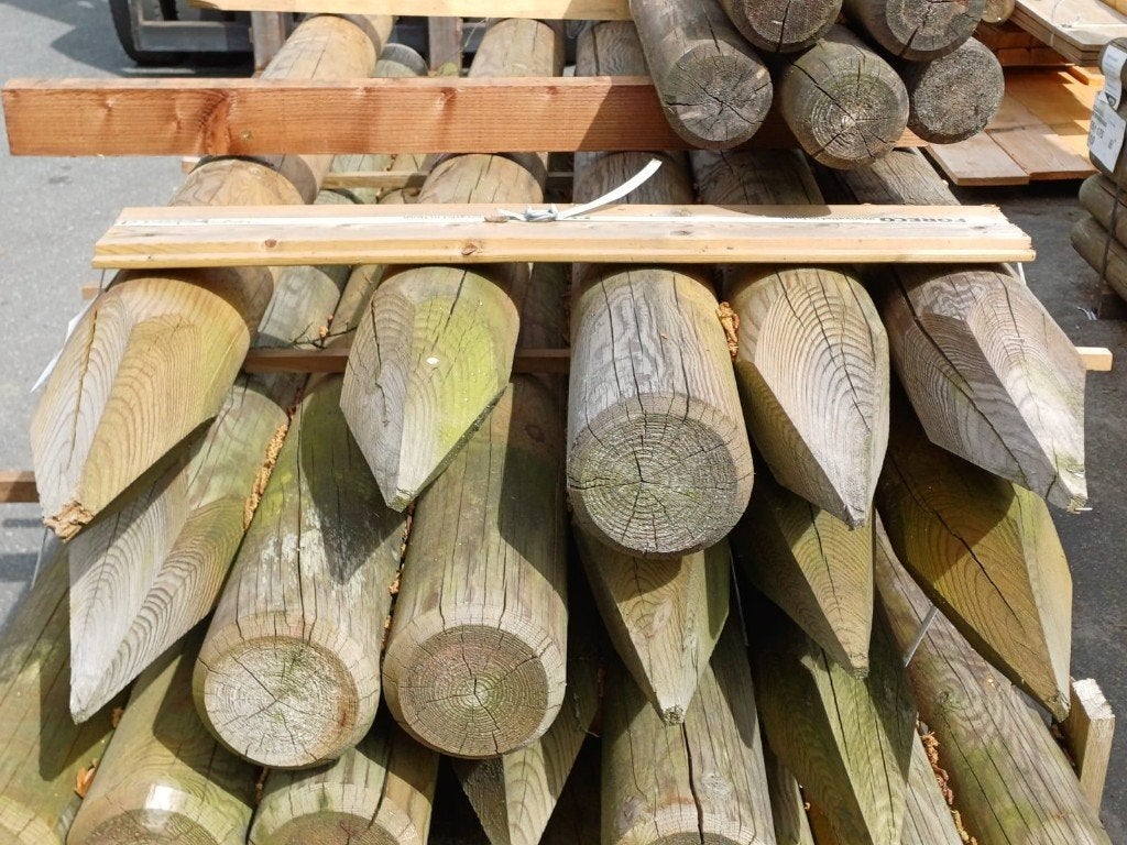 palen 225cm kop 14, gefreesd, gepunt en gekruind nr. 707, Ophalen, Zo goed als nieuw, 180 tot 250 cm, Palen