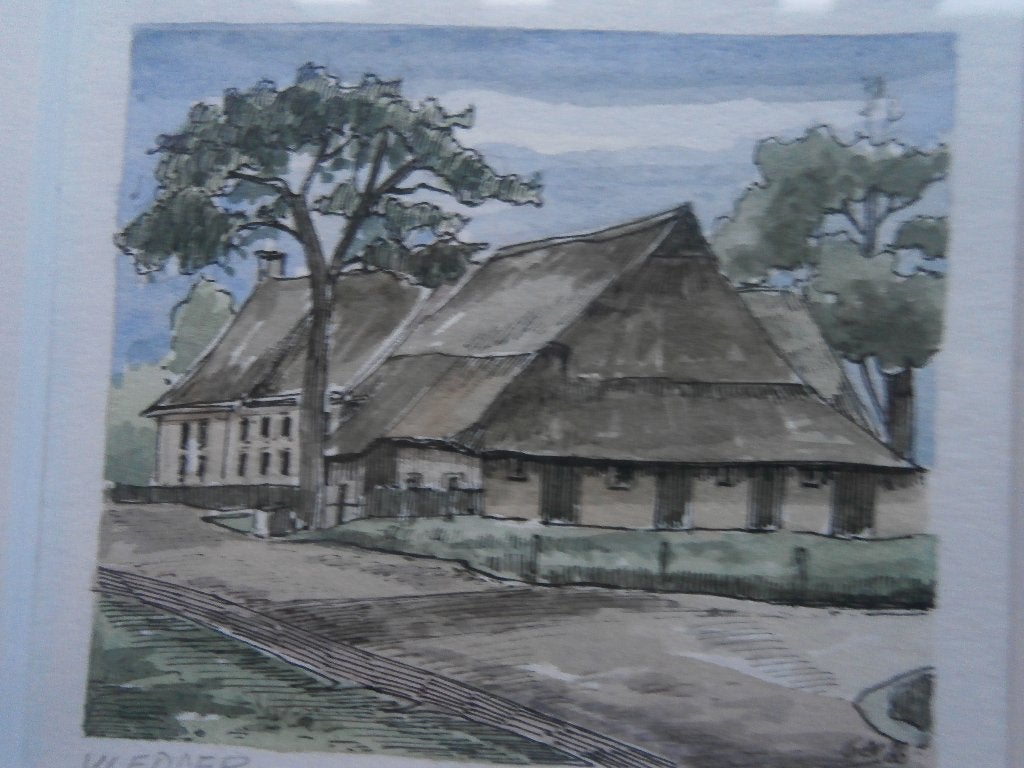 Mooi schilderijtje aquarel Boerderijtje in de Vledder, Antiek en Kunst, Ophalen of Verzenden