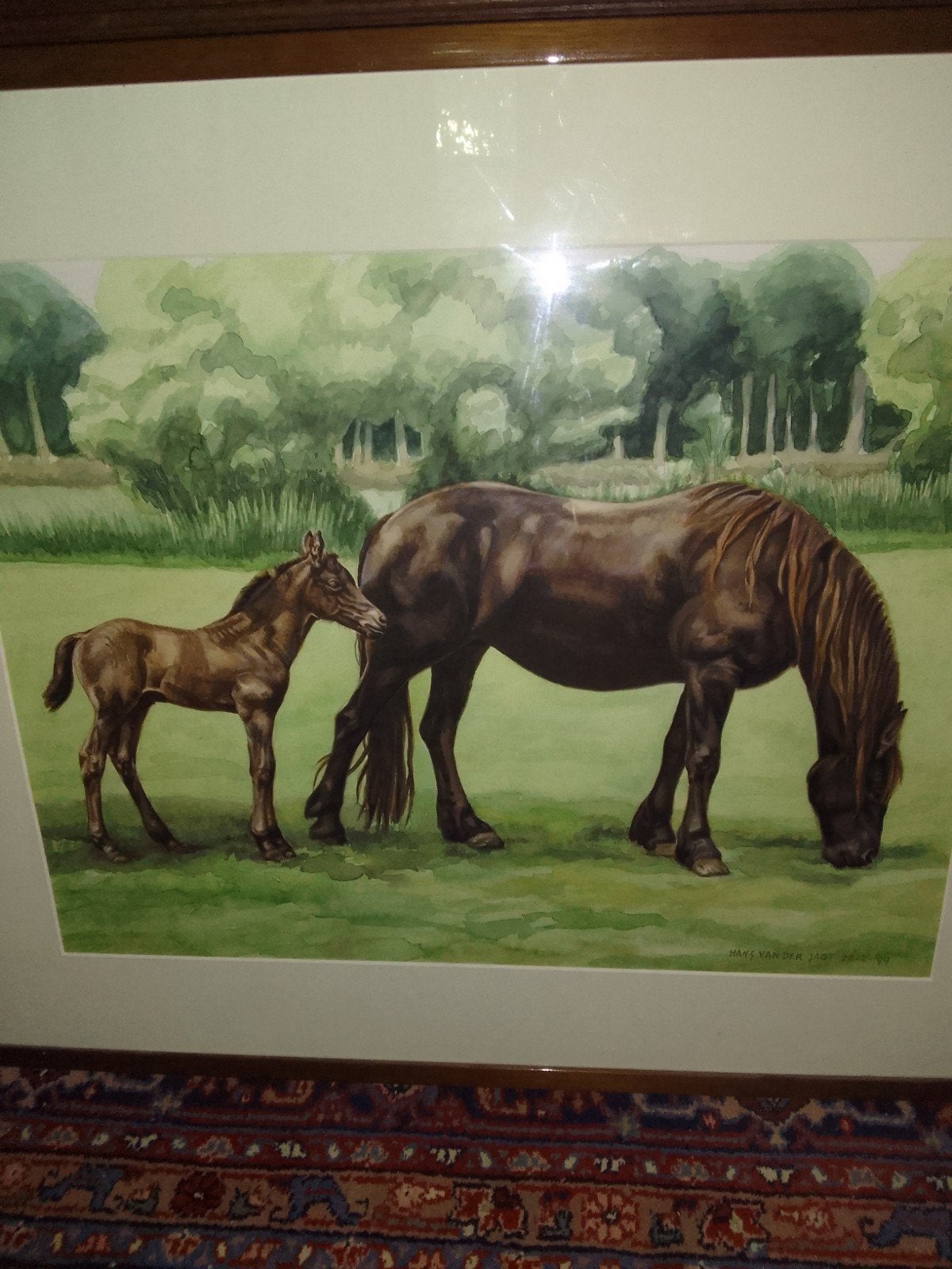 Aquarel: Paard met veulen in weide, gesigneerd, Antiek en Kunst, Ophalen of Verzenden