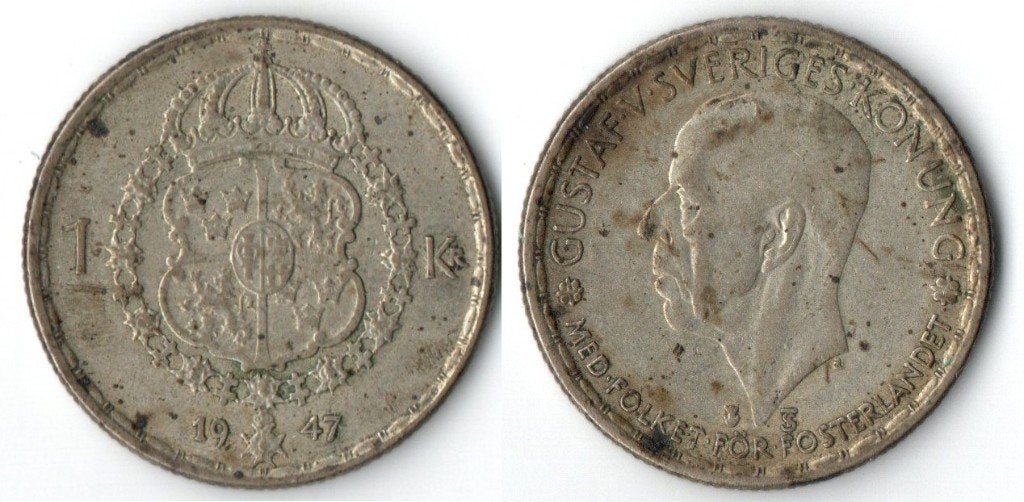 Zweedse 1 Kroon munt 1947 - Koning Gustaf V, Verzenden, Overige landen, Losse munt, Zilver