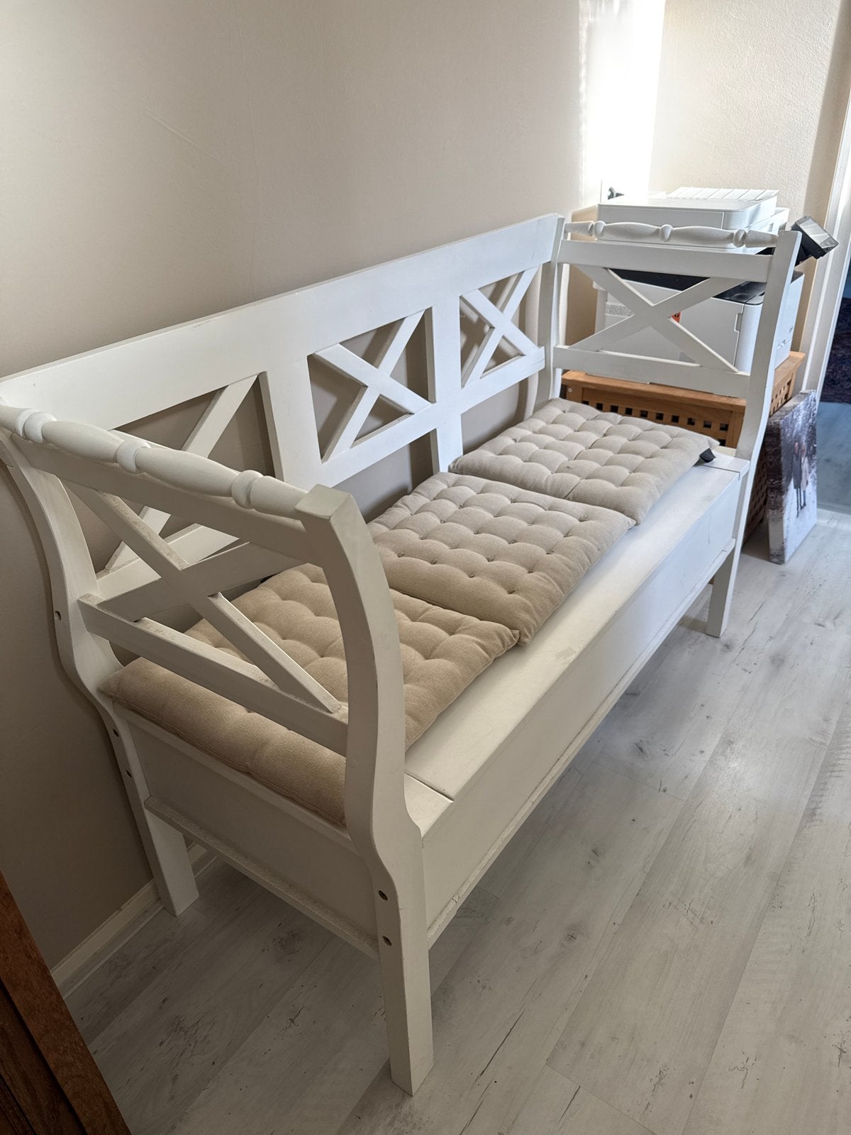 Witte houten bank / klep bank  met opbergruimte en kussens, Ophalen, Gebruikt, Hout