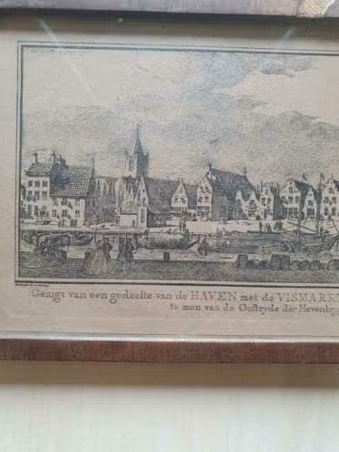 Gezigt   HAVEN, VISMARKT, Kerk Tooren Vlaardingen 1744, Antiek en Kunst, Kunst | Etsen en Gravures, Ophalen