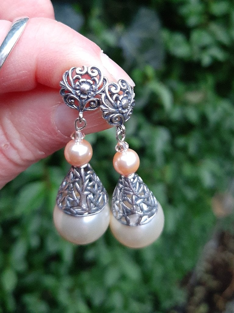 Oorbellen High Chique swarovski parels-kristal steker zilver, Nieuw, Roze, Knopjes of Stekers, Zilver