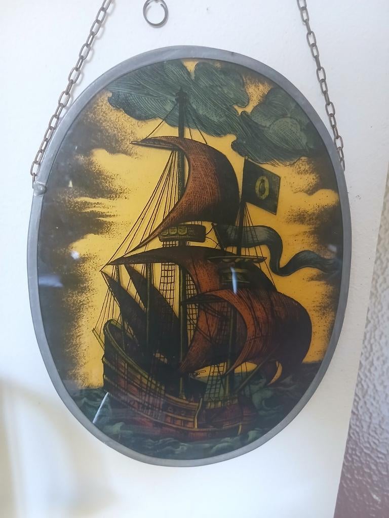 Vintage Raamhanger Zeilschip Glas-in-lood Effect, Ophalen of Verzenden