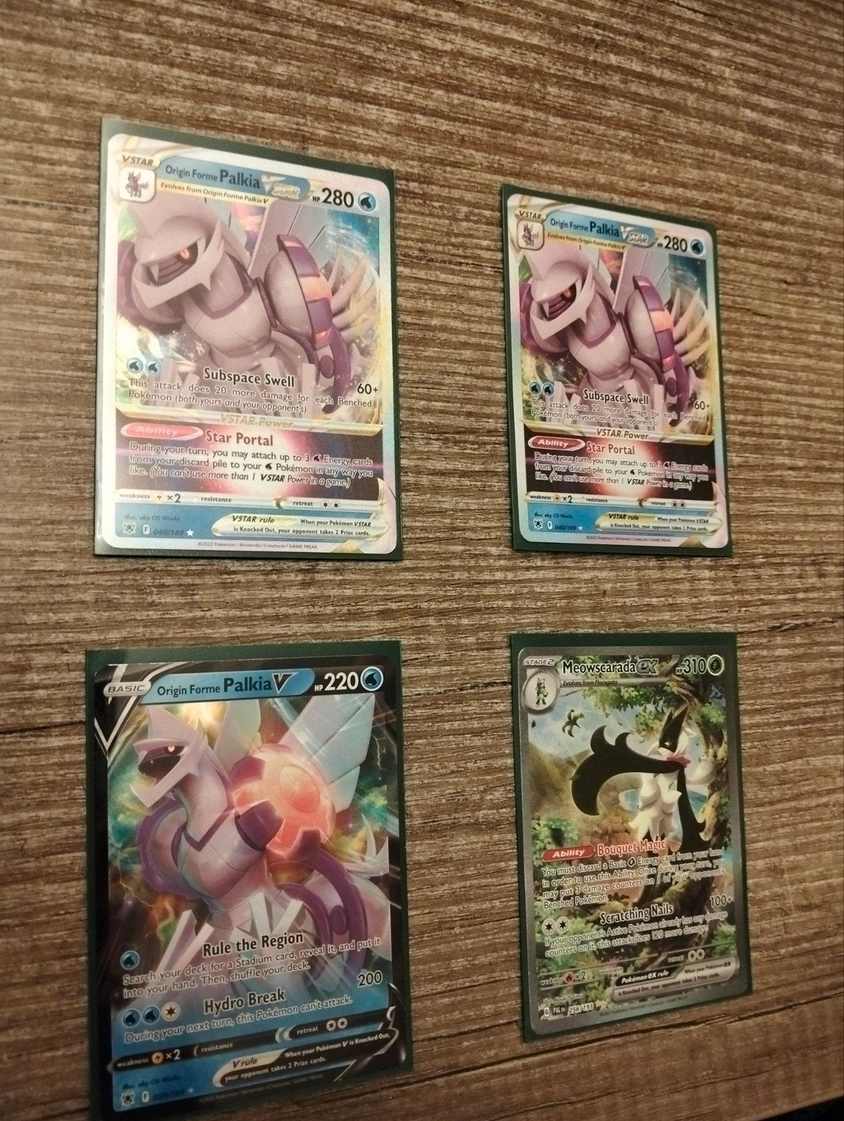 Pokémon Kaarten: Palkia V, Palkia VSTAR en Meowscarada ex, Ophalen of Verzenden, Zo goed als nieuw, Meerdere kaarten, Foil