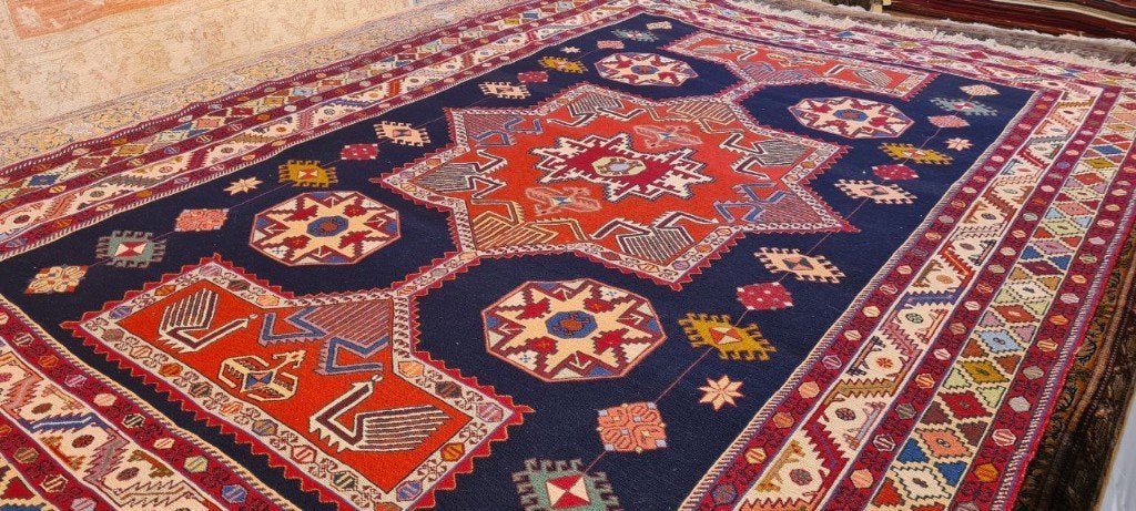 Perzisch tapijt Kelim Soumak 285 x 200/Handgeweven wol kilim, Blauw, Www.simatapijten.nl, 150 tot 200 cm, Ophalen of Verzenden