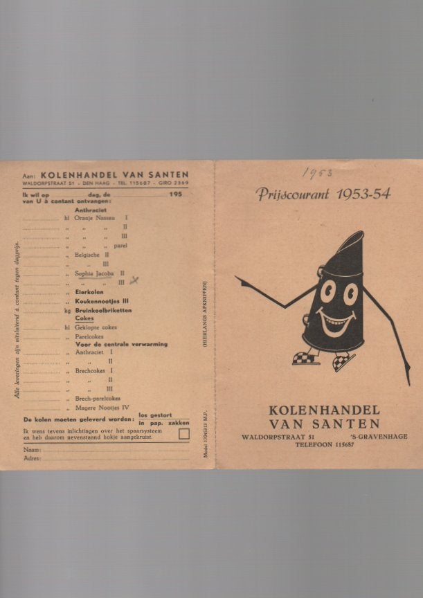 Reclame Folder Kolenhandel v Santen Waldorpstraat Den Haag, Gelezen, Folder, Ophalen of Verzenden, V Santen