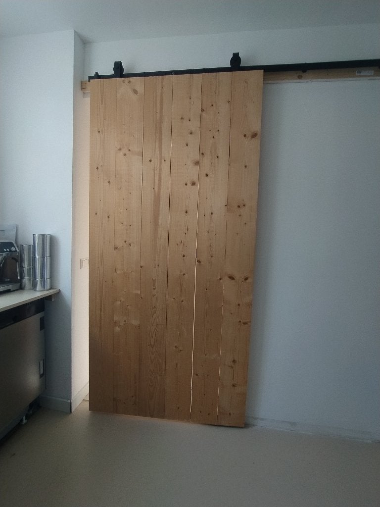 Houten schuifdeur zwart staal, Doe-het-zelf en Verbouw, Deuren en Horren, 215 cm of meer, Binnendeur, Zo goed als nieuw, Schuifdeur