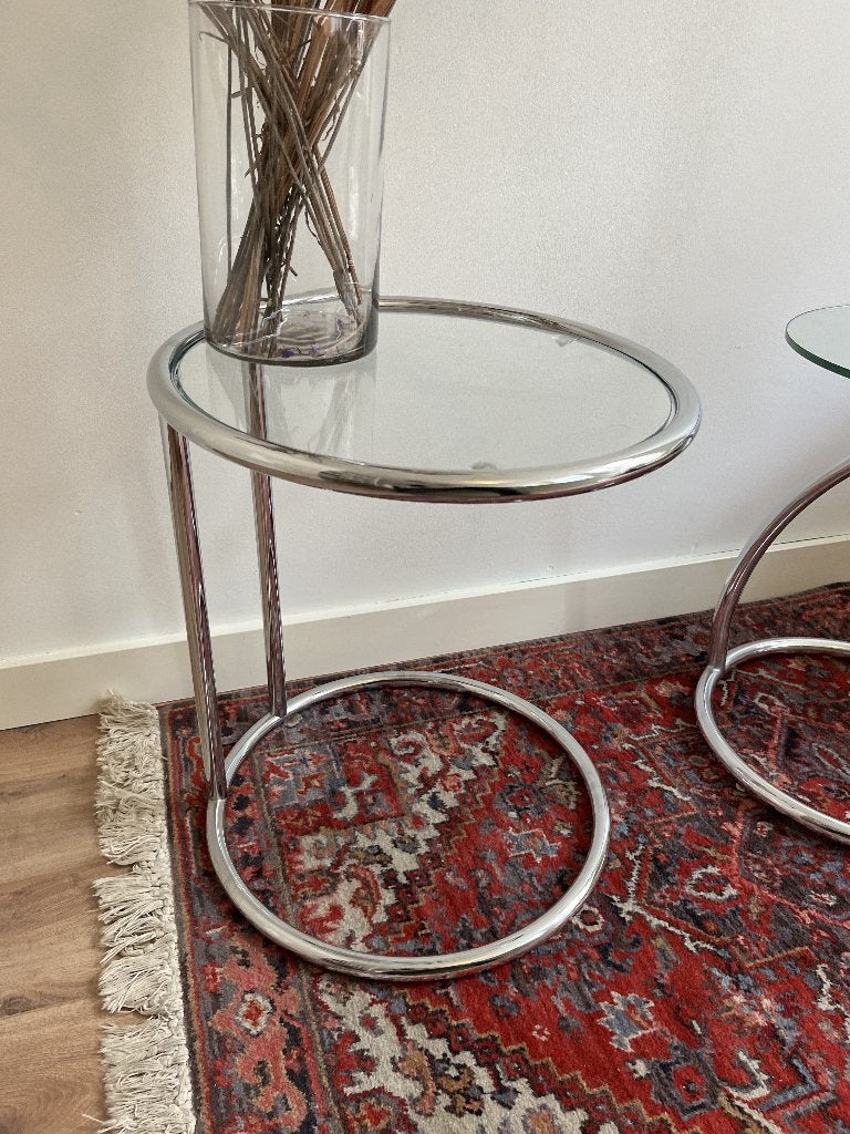 Vintage chrome & glazen bijzettafel | Bauhaus / Space Age, Ophalen, Minder dan 50 cm, Gebruikt, Rond