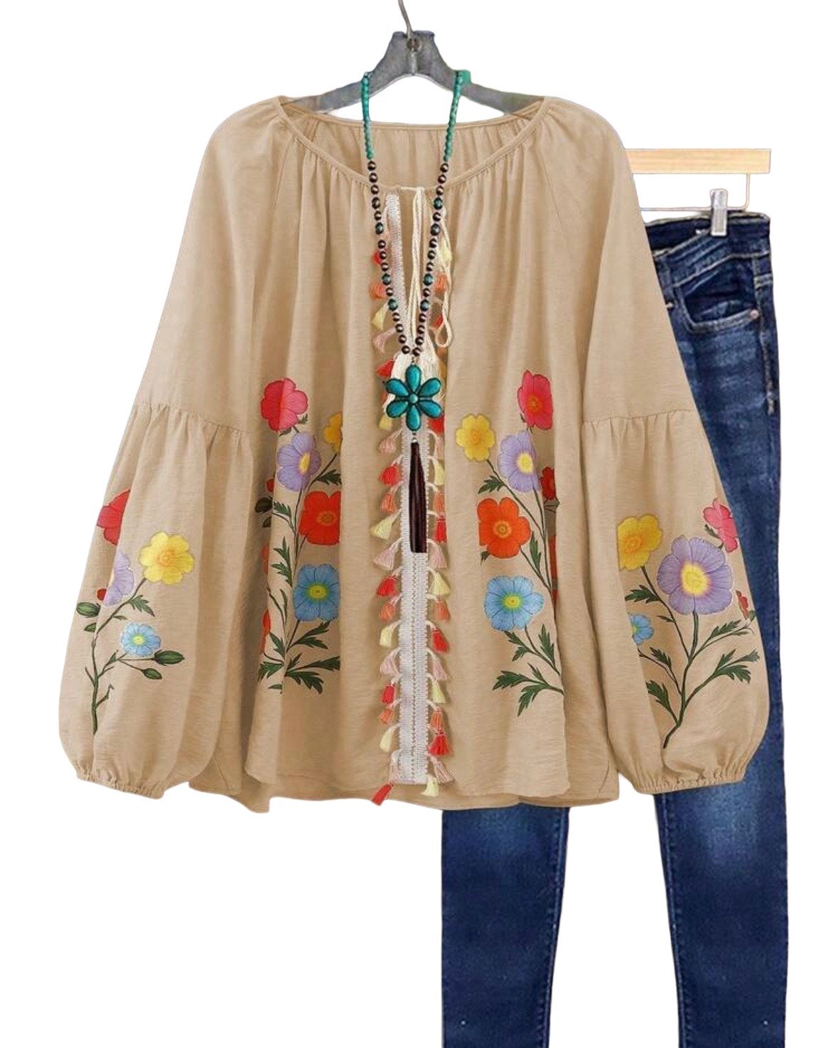 blouse met bloemenprint en kwastjes Kaki  (44-52), Kleding | Dames, Grote Maten, Verzenden, Nieuw, Beige, Blouse of Tuniek