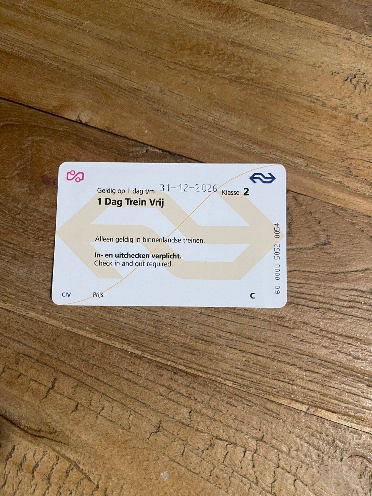 NS 1 Dag Trein Vrij reizen, Tickets en Kaartjes, Eén persoon, Trein, Algemeen kaartje