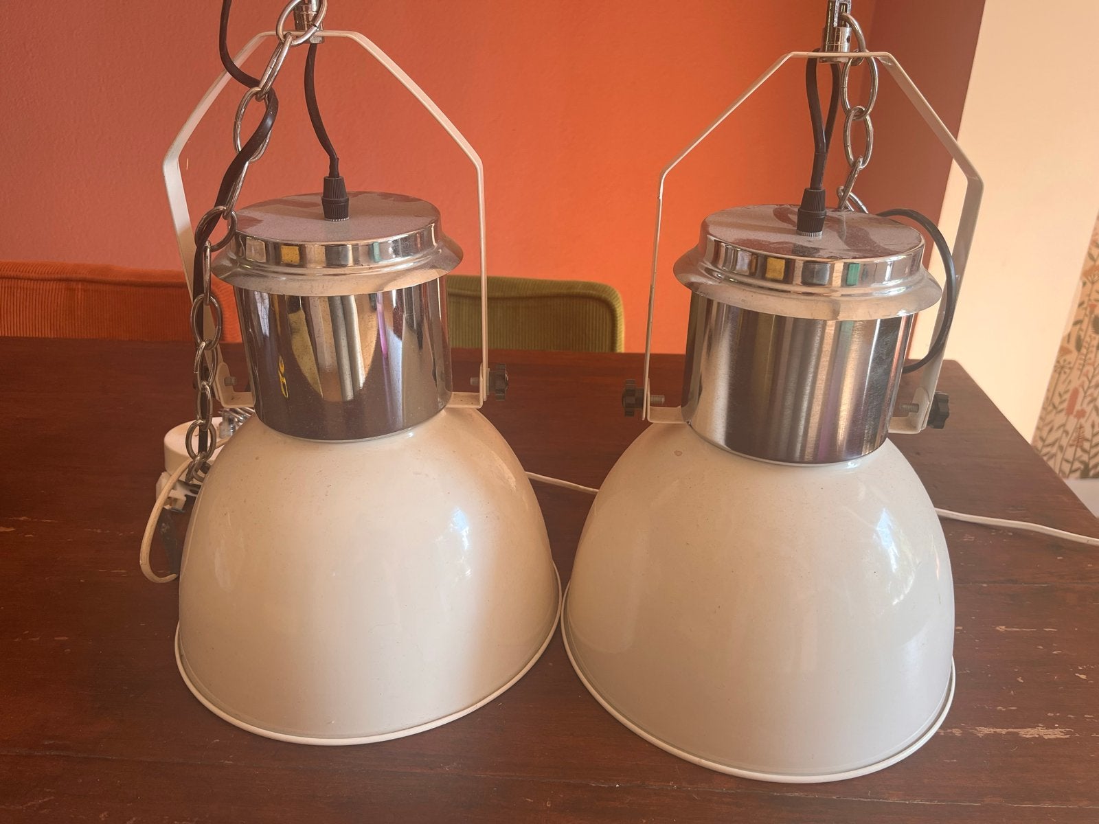 Set van 2 vintage industriële hanglampen, Ø 27 cm, Ophalen, Gebruikt, Metaal, E27 (groot)