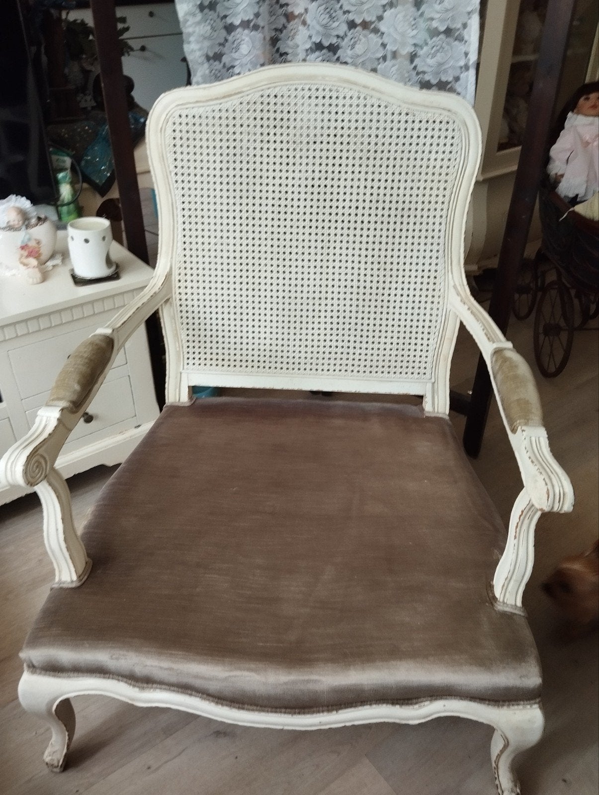 Vintage witte webbing stoel met kussens, Ophalen