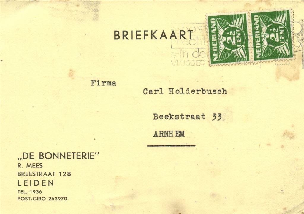 De Bonneterie, R. Mees, Leiden - 03.1936 - briefkaart, Ophalen of Verzenden, Briefkaart
