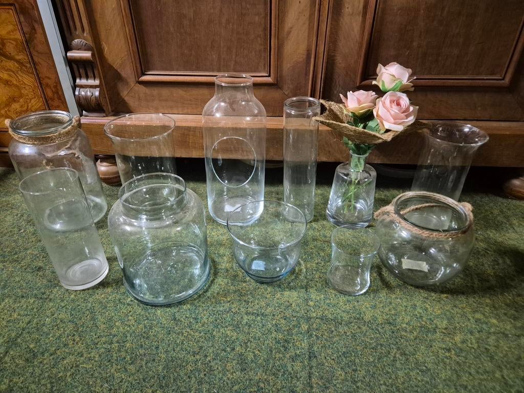 Partij diverse glazen vazen en potten, Ophalen, Overige kleuren, Glas, Minder dan 50 cm