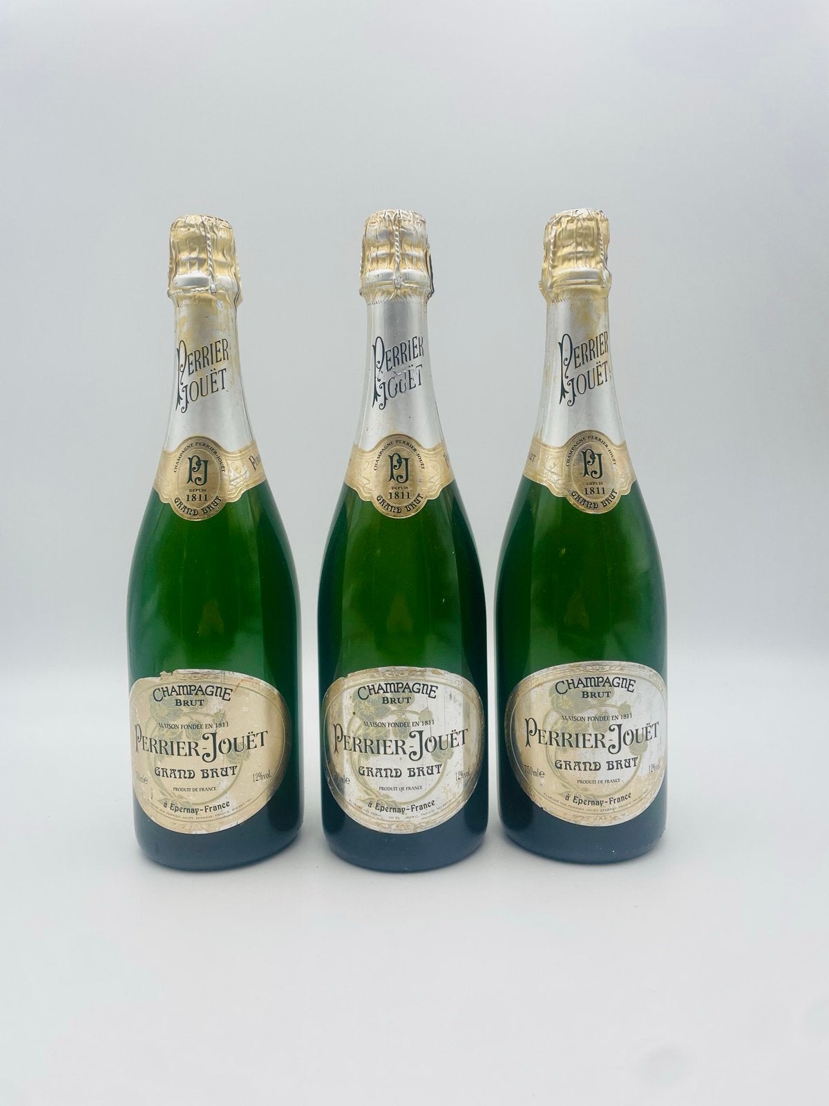 Perrier Jouët Champagne Flessen - Decoratie (3 stuks), Gebruikt, Ophalen of Verzenden, Glas, Minder dan 50 cm