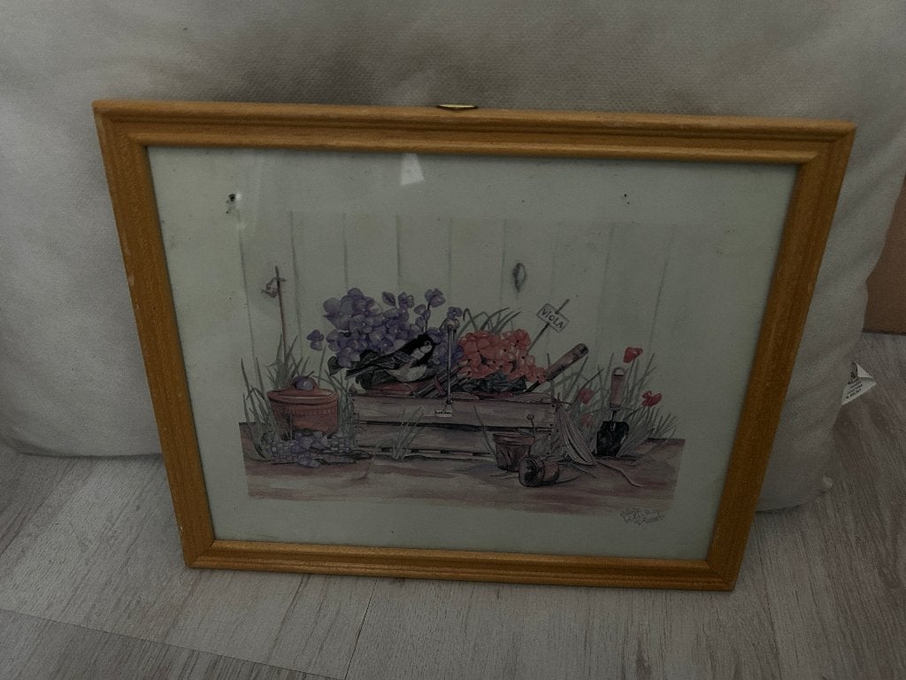 schilderij tuin met vogels, Ophalen of Verzenden, Gebruikt, Minder dan 50 cm, Schilderij