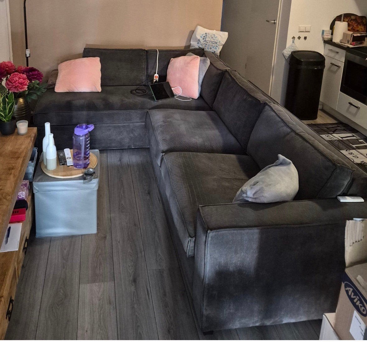 Loungebank / hoekbank grijs ribstof z.g.a.n., Ophalen, Zo goed als nieuw, 150 cm of meer, Overige maten