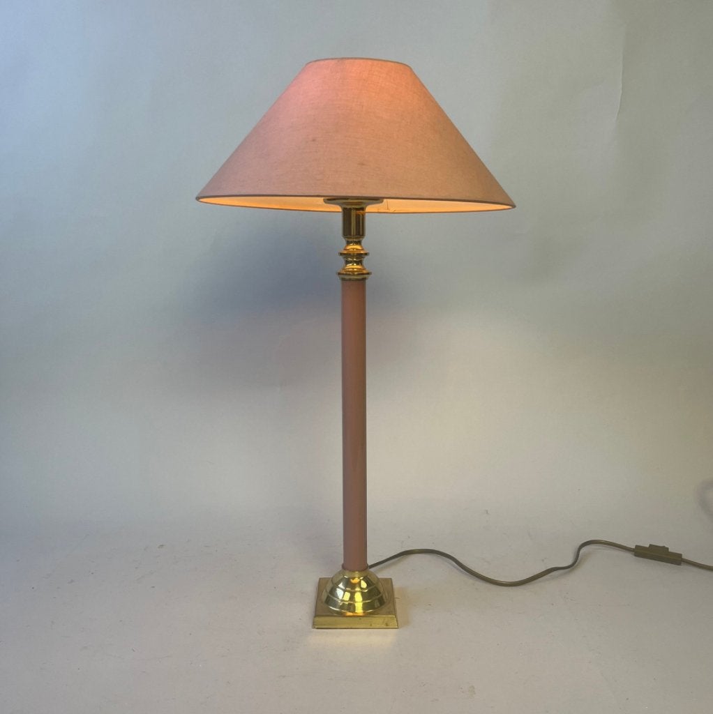 Vintage messing tafellamp met roze kap,, Roze, Ophalen of Verzenden, Zo goed als nieuw, Vintage