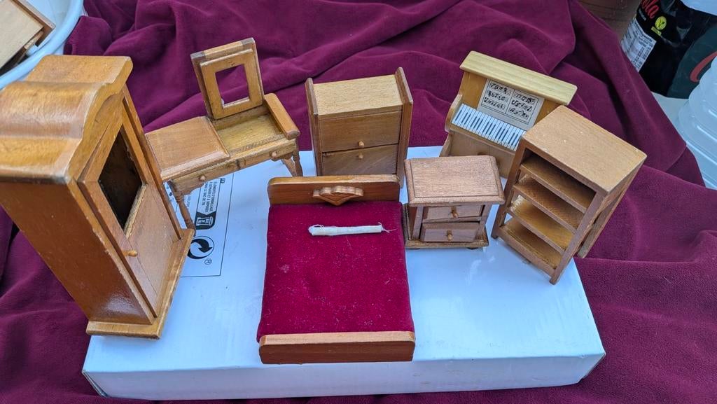 Vintage Houten Poppenhuis Meubels Set, Verzamelen, Poppenhuizen en Toebehoren, Ophalen of Verzenden, Gebruikt